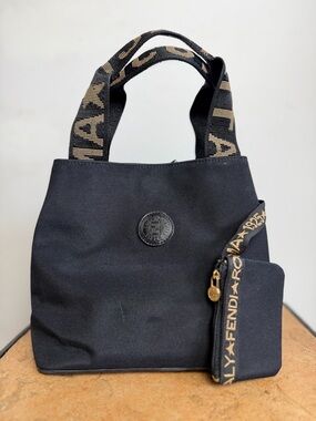 Fendi Vintage Mini Tote Bag Black Nylon FF Logo Straps Italy + Pouch